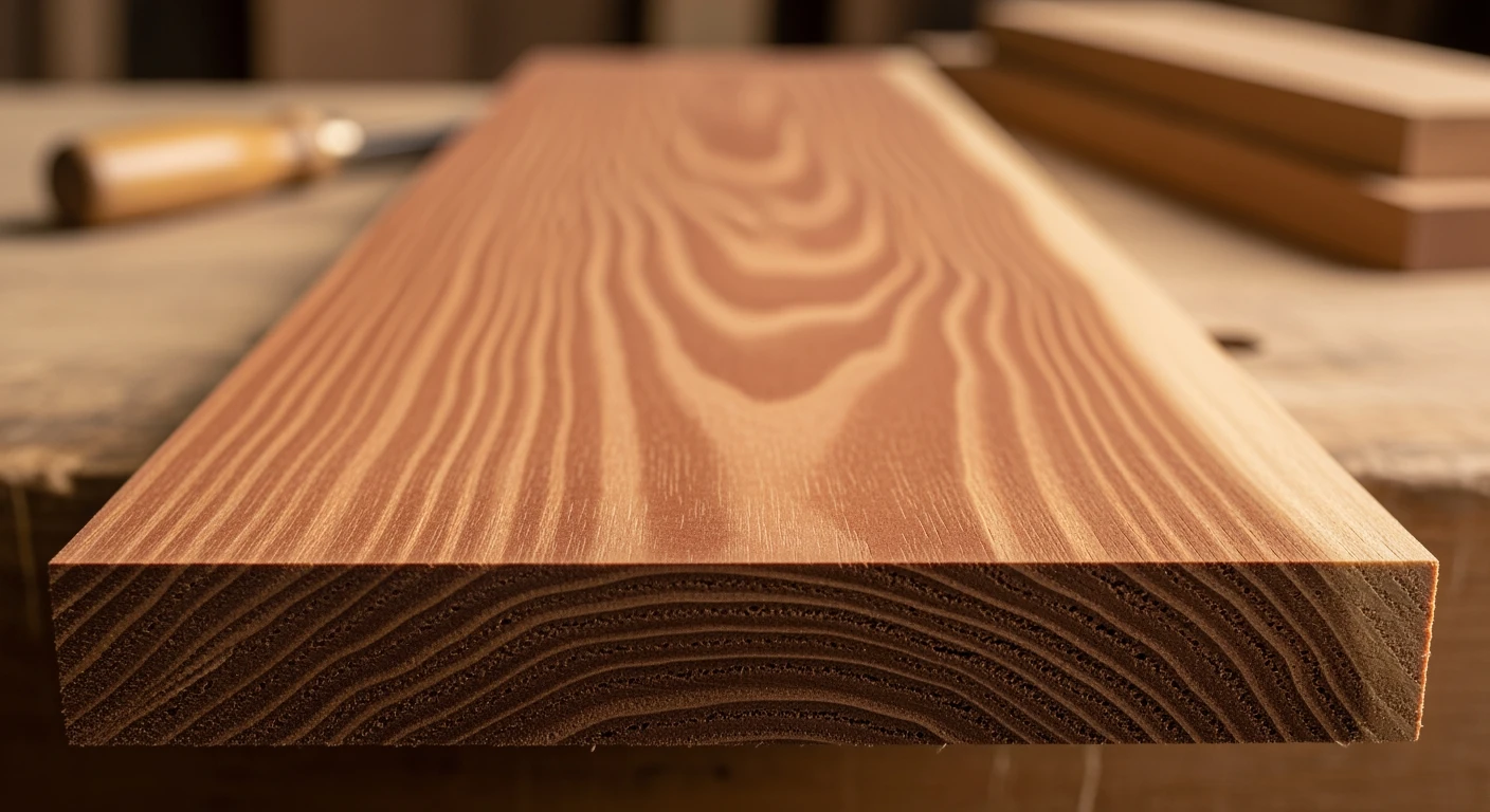Rode Meranti hout plank: close-up van de rijke, gladde nerf.