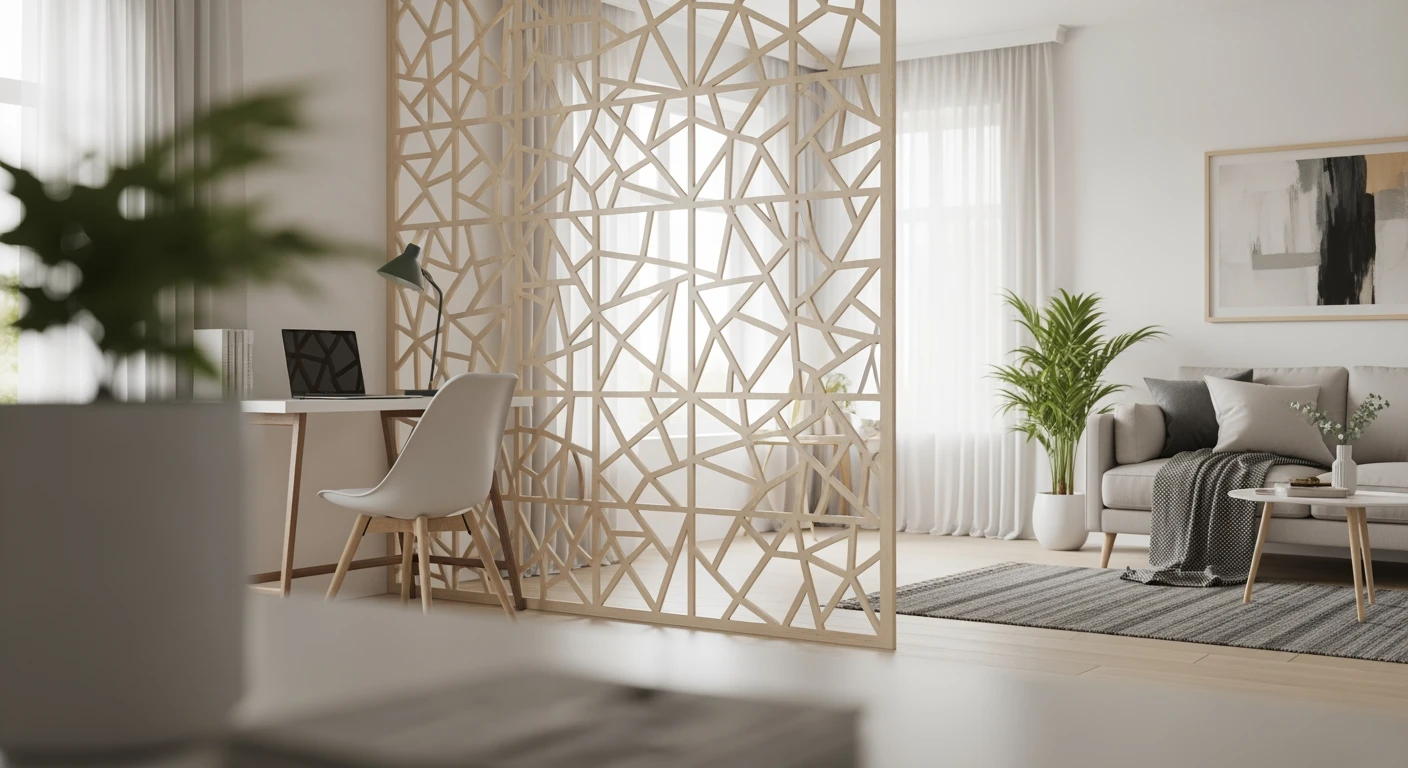 Stijlvolle roomdivider van hout creëert rust en ruimte in een lichte, moderne woonkamer.