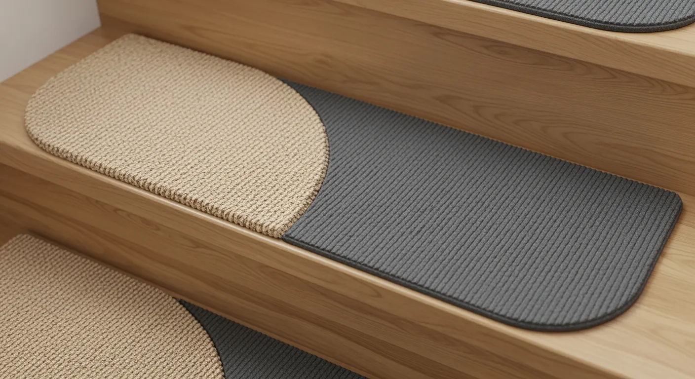 Trapmat: Verschillende trapmatten (sisal, rubber) op een houten trap.