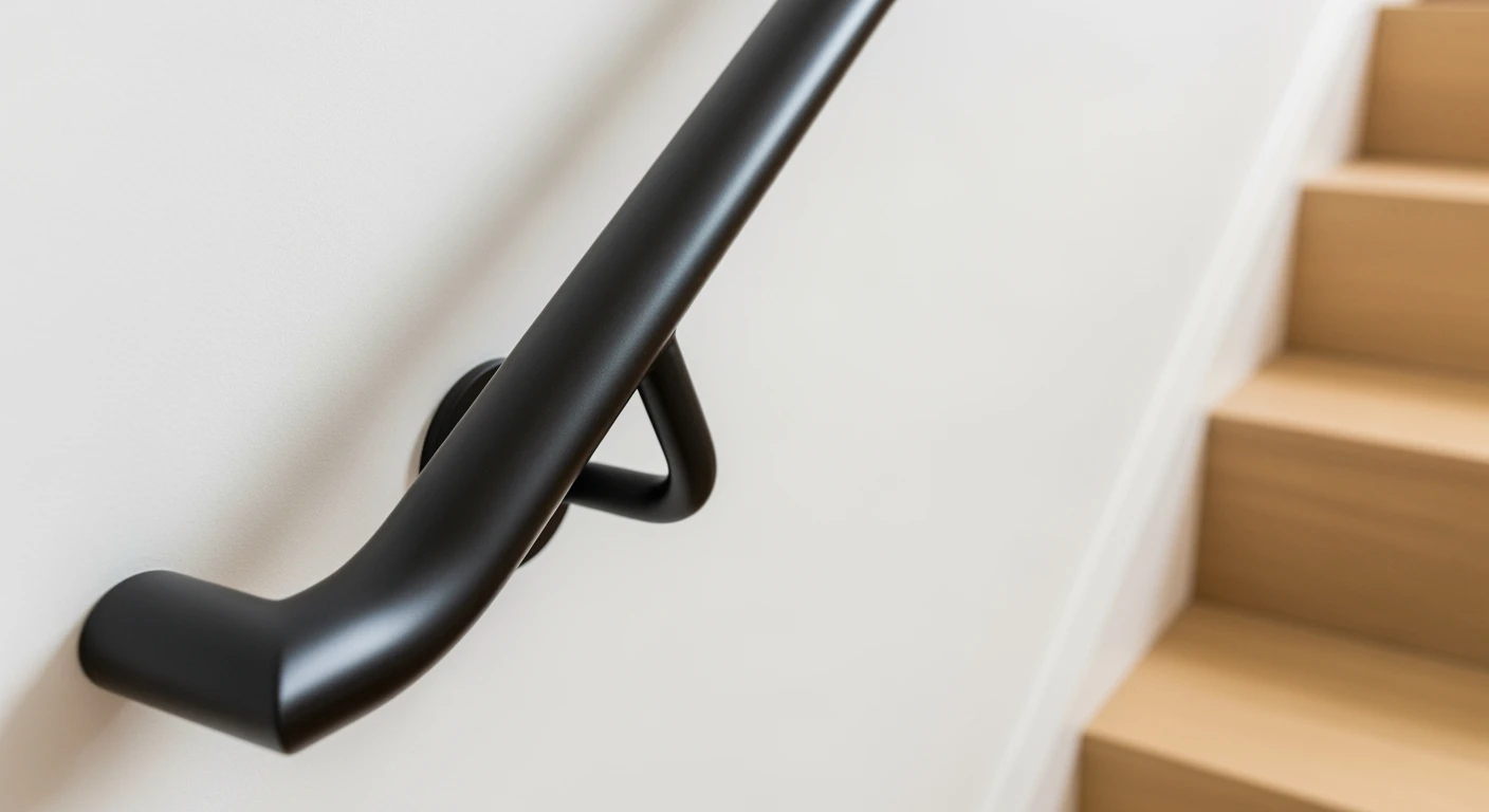 Moderne trapleuning van zwart staal op witte muur. Veilige en stijlvolle trap met houten treden.