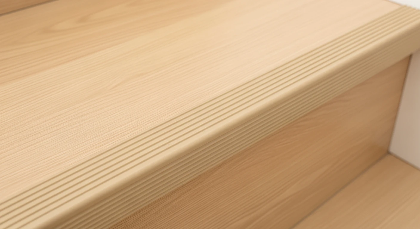Beige rubber trapprofiel op houten trap: veiligheid en design in detail.