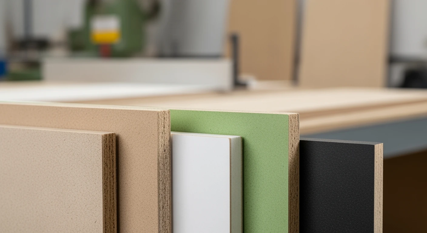 MDF plaat: Verschillende soorten MDF, zoals V313 en wit gegrond, in detail gefotografeerd.