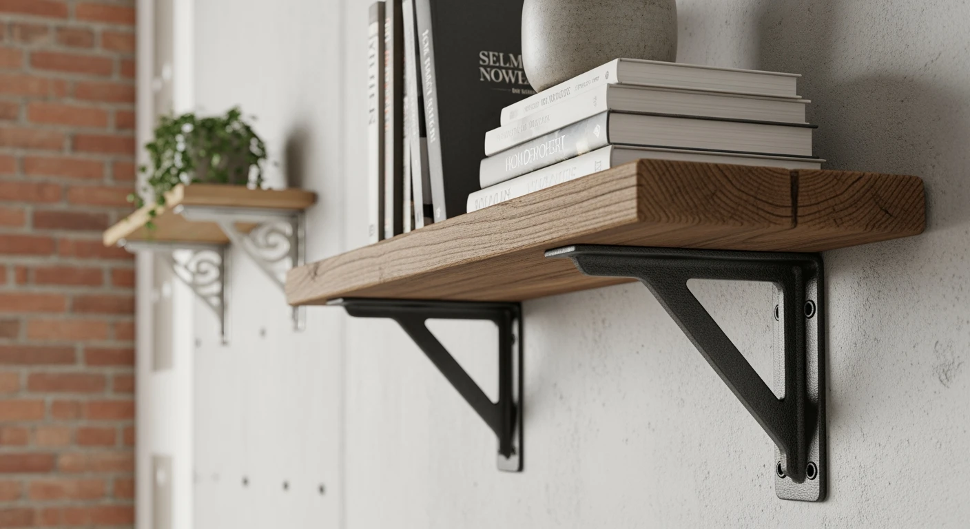 Stevige plankendragers in actie: zware plank met boeken, gemonteerd op diverse muren.