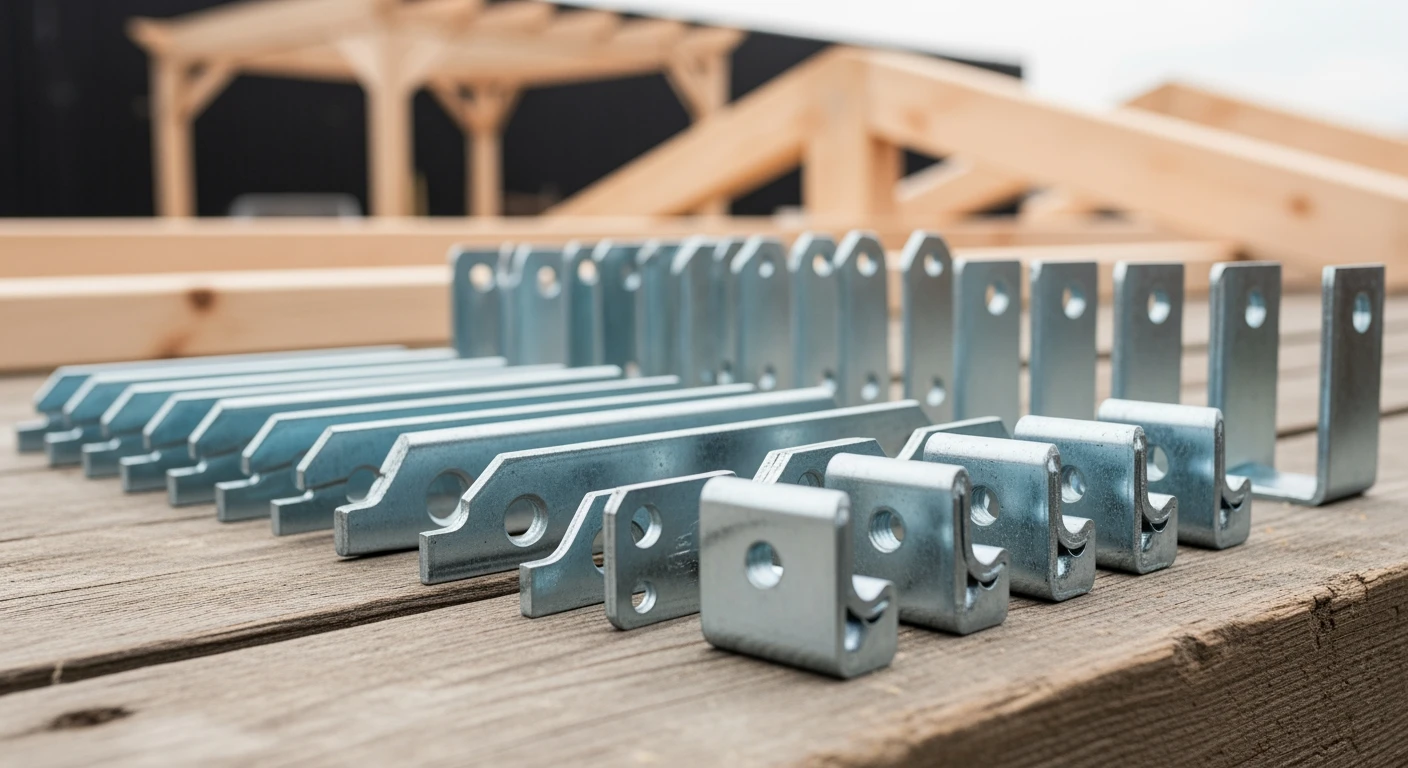 Houtverbinders: Gegalvaniseerde balkdragers, hoekankers en meer op een houten werkbank.