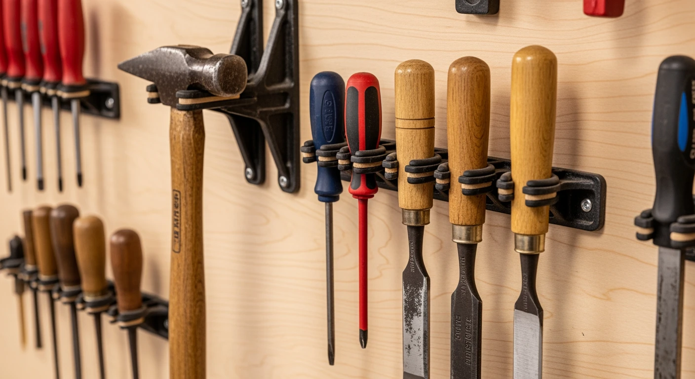 Gereedschapsklemmen houden hamer, schroevendraaiers en beitels stevig vast aan een georganiseerde werkplaatsmuur.
