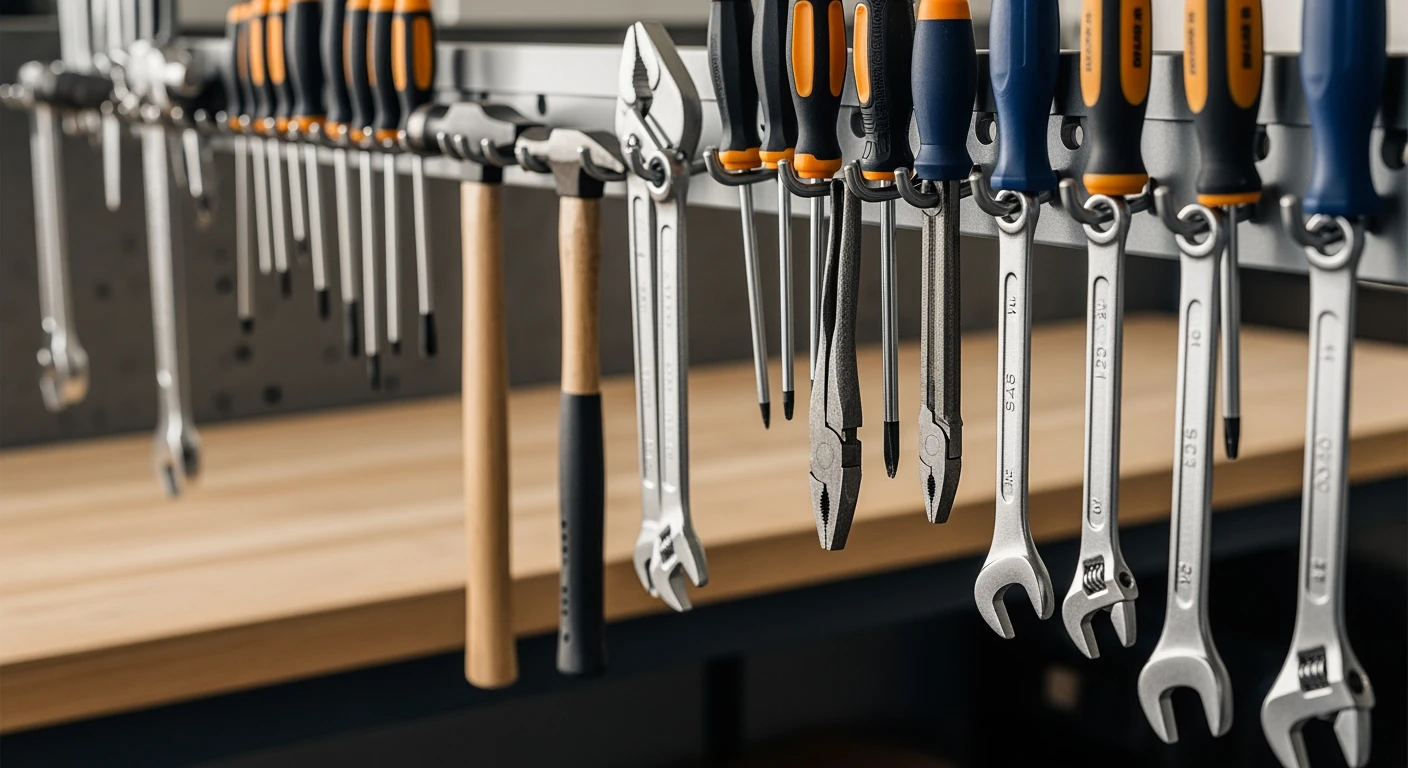 Gereedschapshaken organiseren handgereedschap (schroevendraaiers, hamers) aan een werkplaatsmuur.