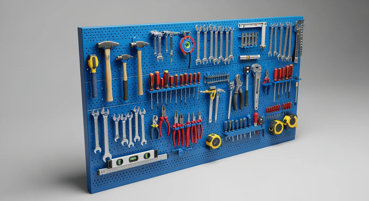 Georganiseerde blauwe gereedschapswand met diverse gereedschappen, perfect voor een efficiënte werkplek.