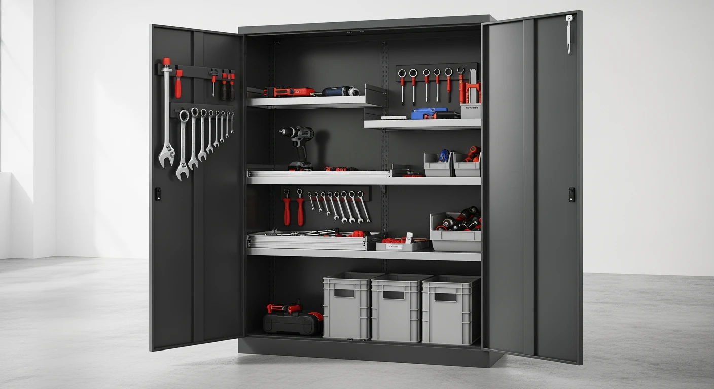Donkergrijze werkkast met gereedschap, georganiseerd en klaar voor gebruik.