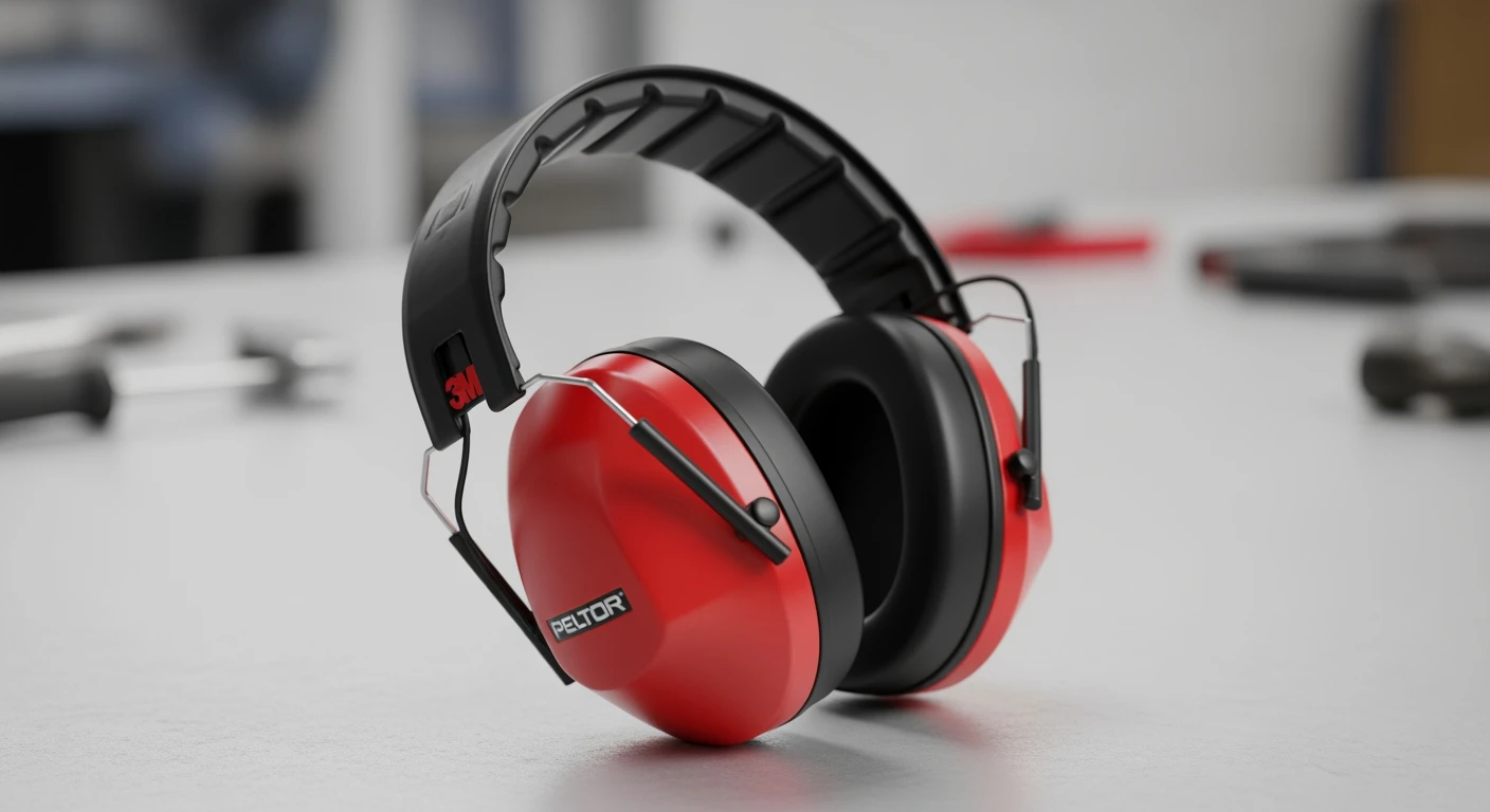 Zwarte en rode 3M Peltor Optime III H540A **oorbeschermer** op een grijze werkbank.