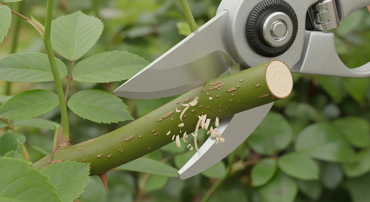 Elektrische snoeischaar knipt moeiteloos een dikke rozenstruik tak.