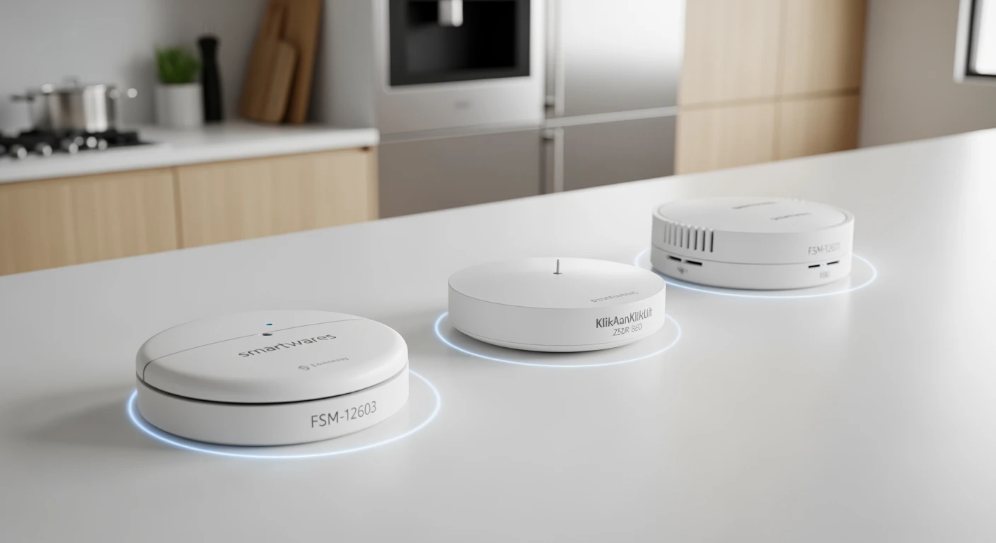 Slimme rookmelders: Smartwares, KlikAanKlikUit. Studiofoto van 3 wifi rookmelders op een aanrecht.