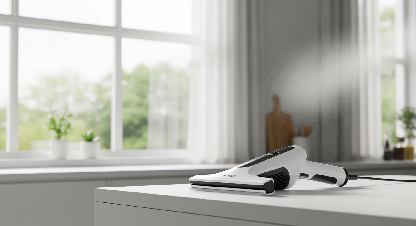 Beste ruitenreiniger 2026: Elektrische ruitenreiniger in een moderne keuken met een brandschoon raam.