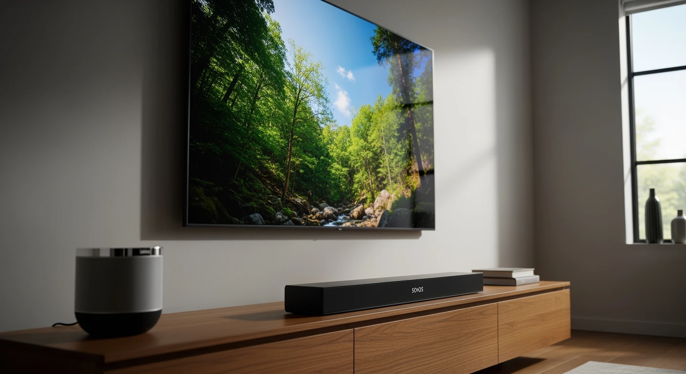 Sonos Arc onder TV in moderne woonkamer. Sonos Beam ook zichtbaar. Beste Sonos soundbar setup.