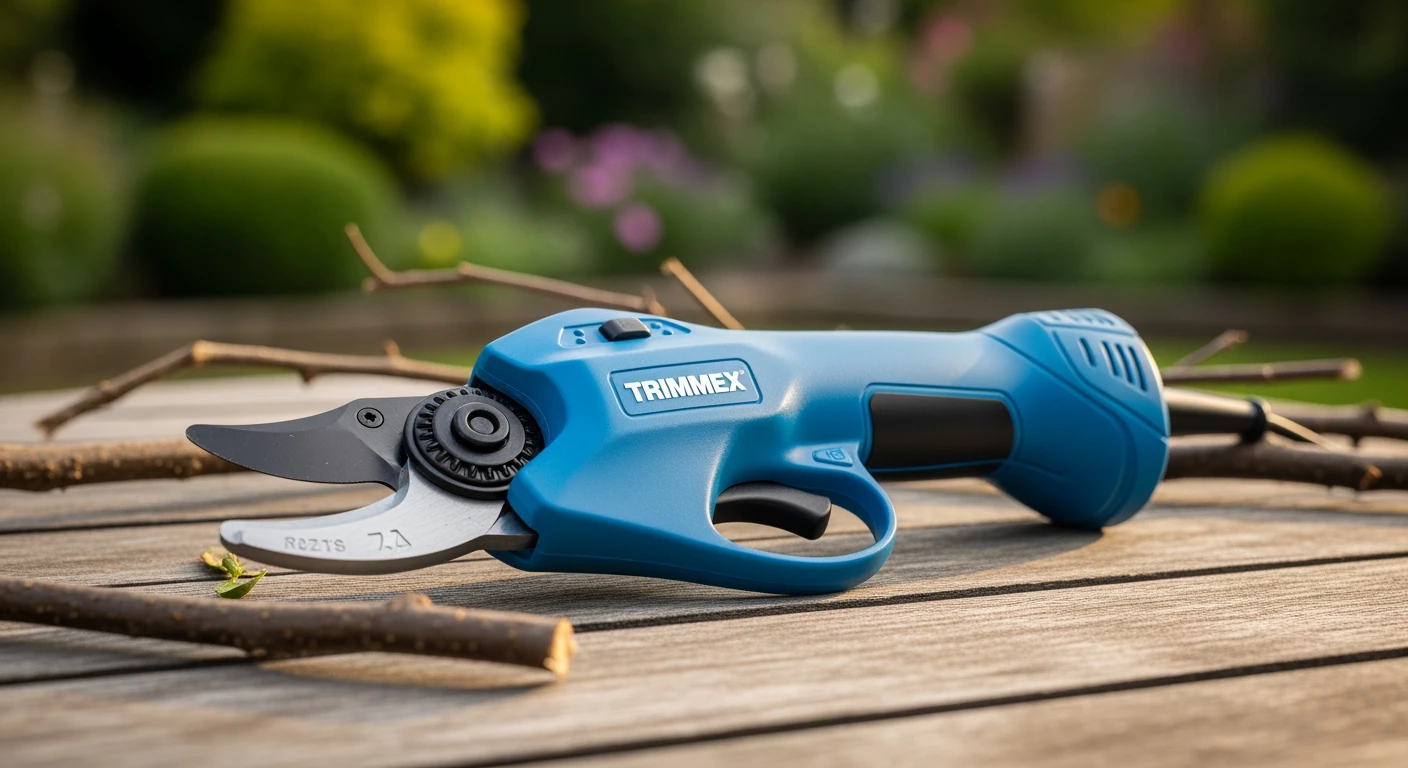 Blauwe Trimmex elektrische snoeischaar op houten tafel. Achtergrond: groene tuin. Beste elektrische snoeischaar.