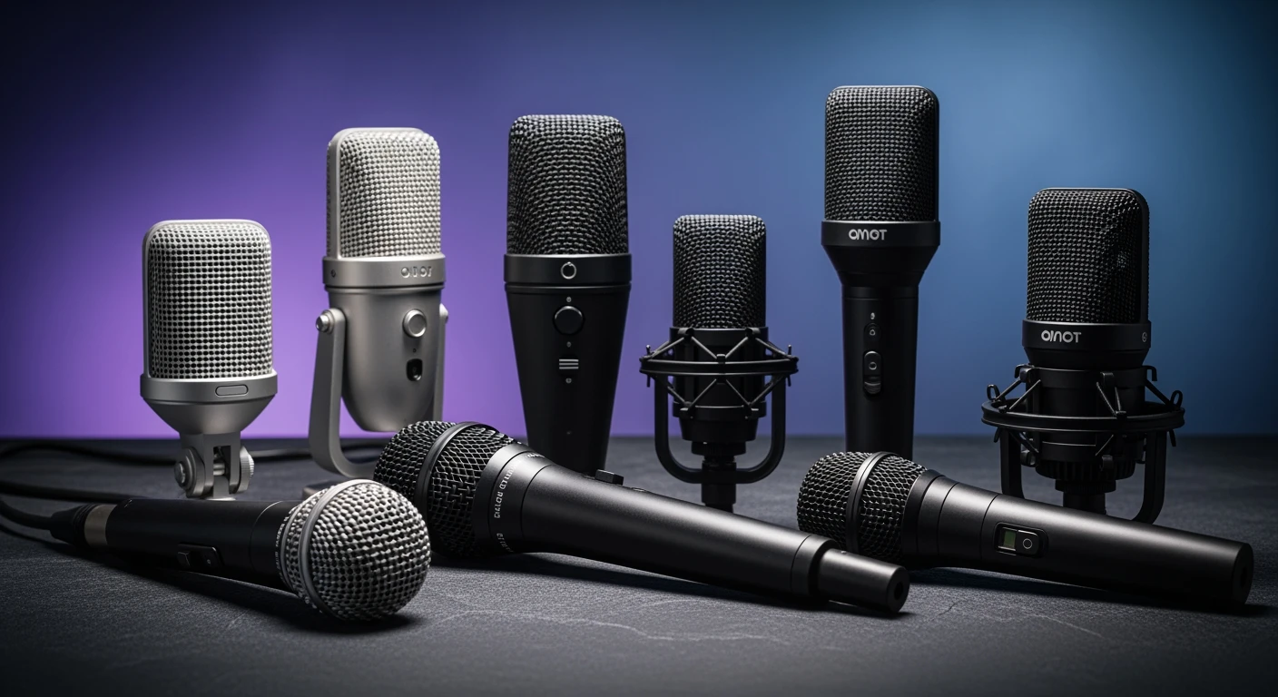 Beste zangmicrofoons 2025: diverse microfoons in een studio-opstelling.