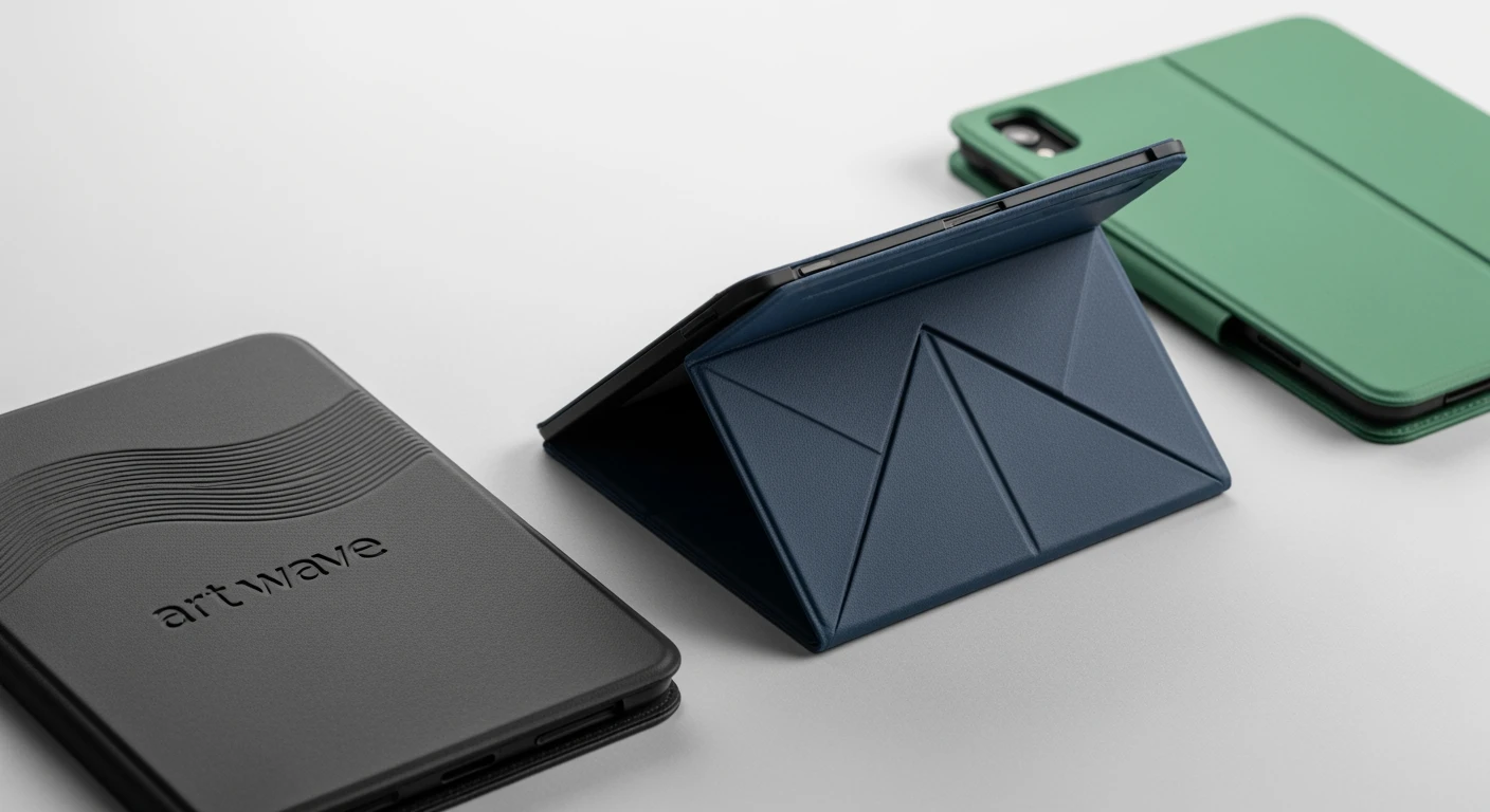 E reader hoesje: 3 verschillende designs, van origami tot art wave, op een grijze achtergrond.