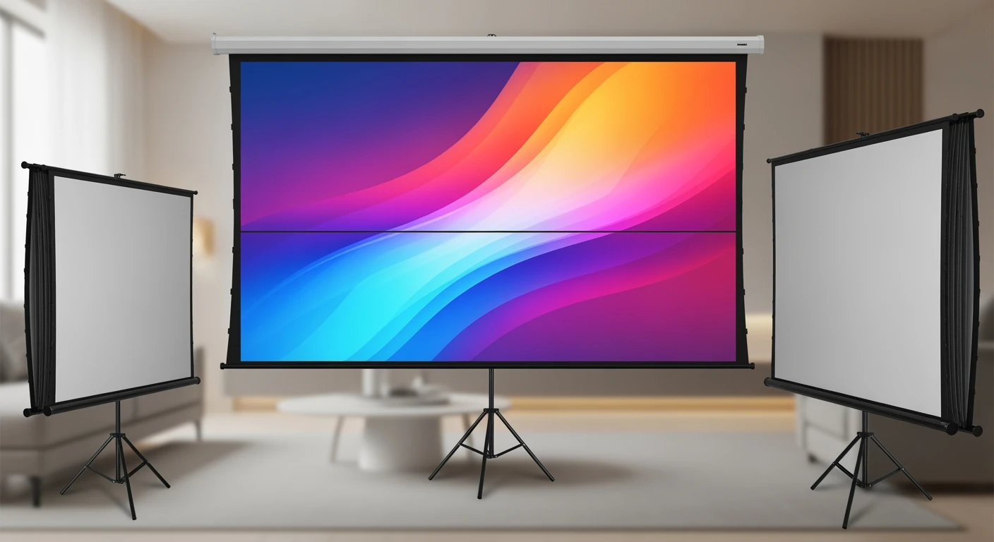 Elektrisch projectiescherm toont kleurverloop, geflankeerd door twee beamer schermen. Perfecte home cinema setup.