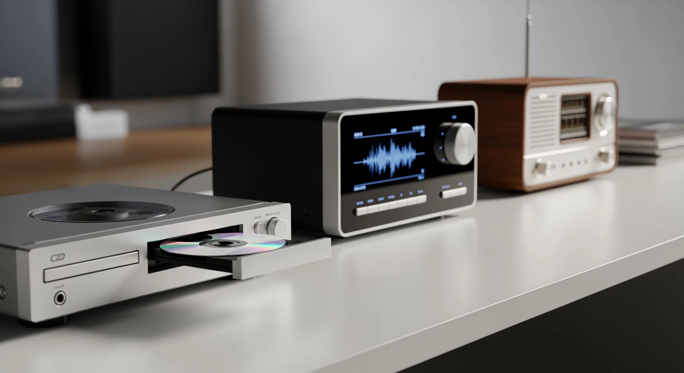 Beste CD speler 2026: Moderne CD spelers en smart radio op minimalistische achtergrond.