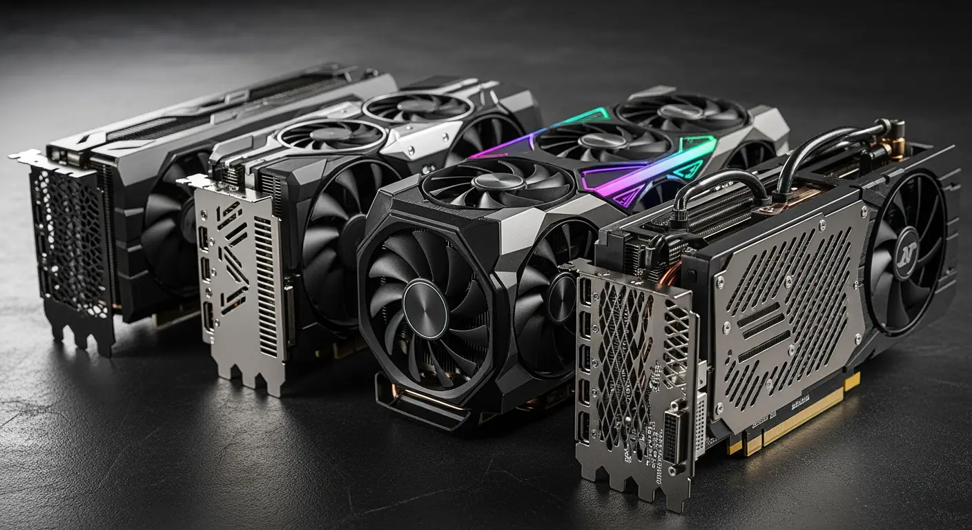 Beste videokaarten: close-up van 5 videokaarten met verschillende koelsystemen en designs.
