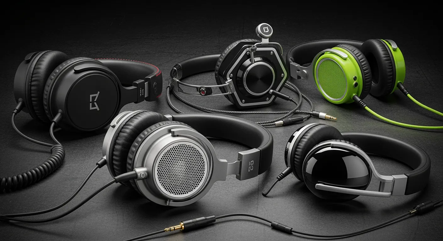 Beste DJ koptelefoon 2026: Close-up van 5 top dj koptelefoons in studio setting.