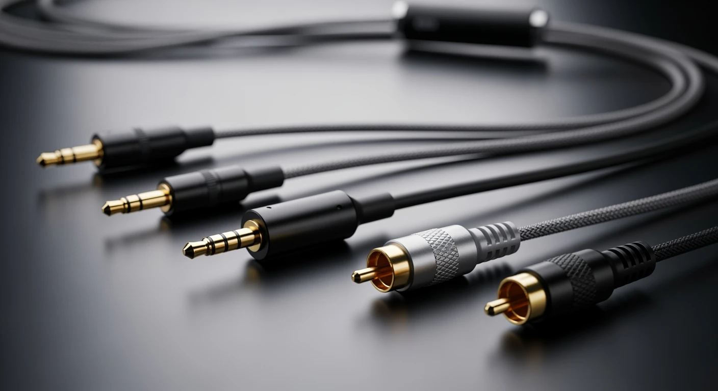 Goede audio kabels: Premium audio kabels, 3.5mm aux en RCA, close-up studio shot.