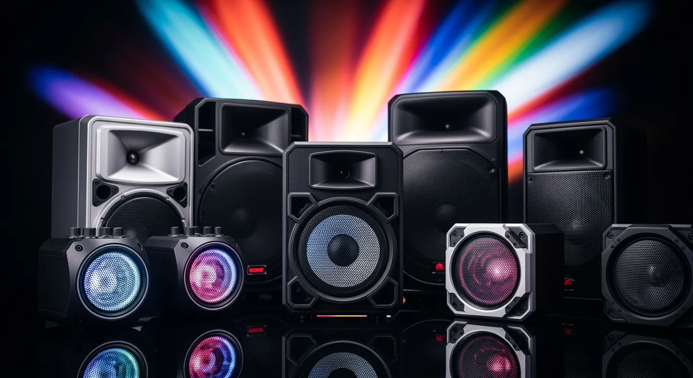 Beste party speaker selectie 2026 in dynamische studio setting.