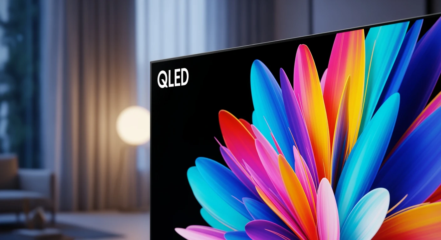 QLED televisie: Kleurrijk abstract art op een moderne televisie qled scherm.