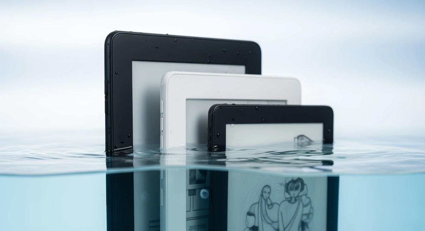 Beste waterdichte e reader: 3 e-readers half ondergedompeld in helder water.