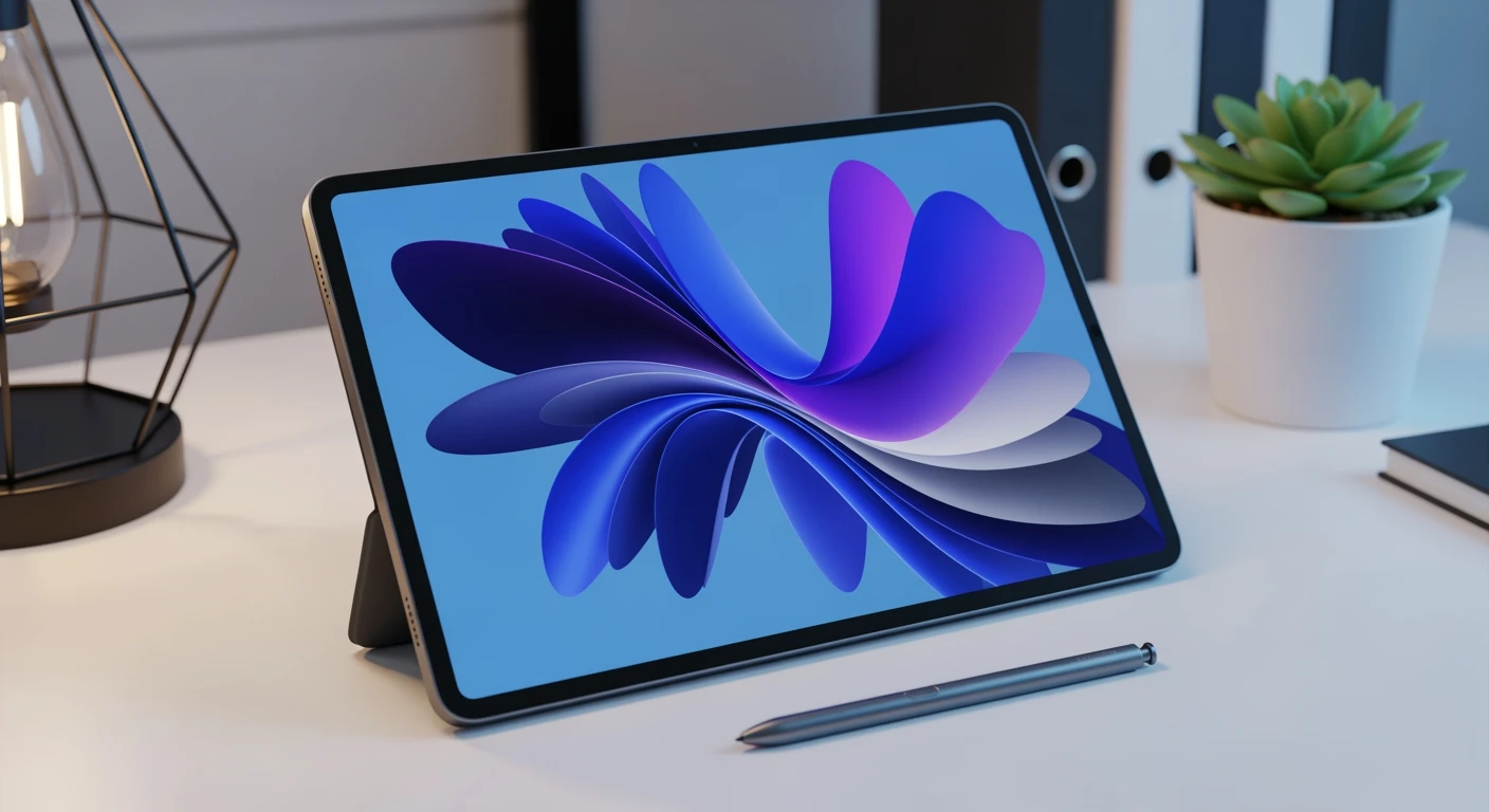 Samsung tablets: Strakke tablet op bureau met S Pen, abstracte wallpaper.
