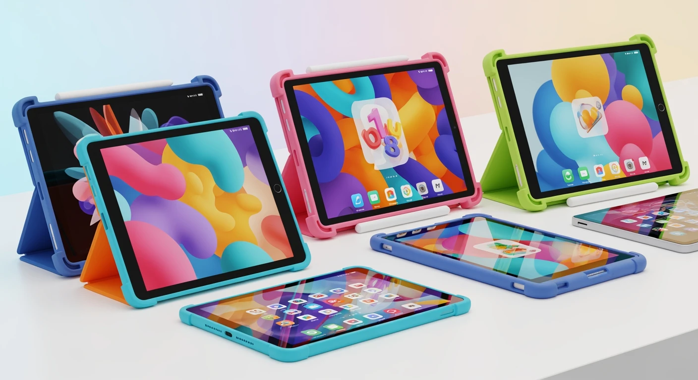 Kindertablet: Verschillende modellen en kleuren kindertablets op een rij.
