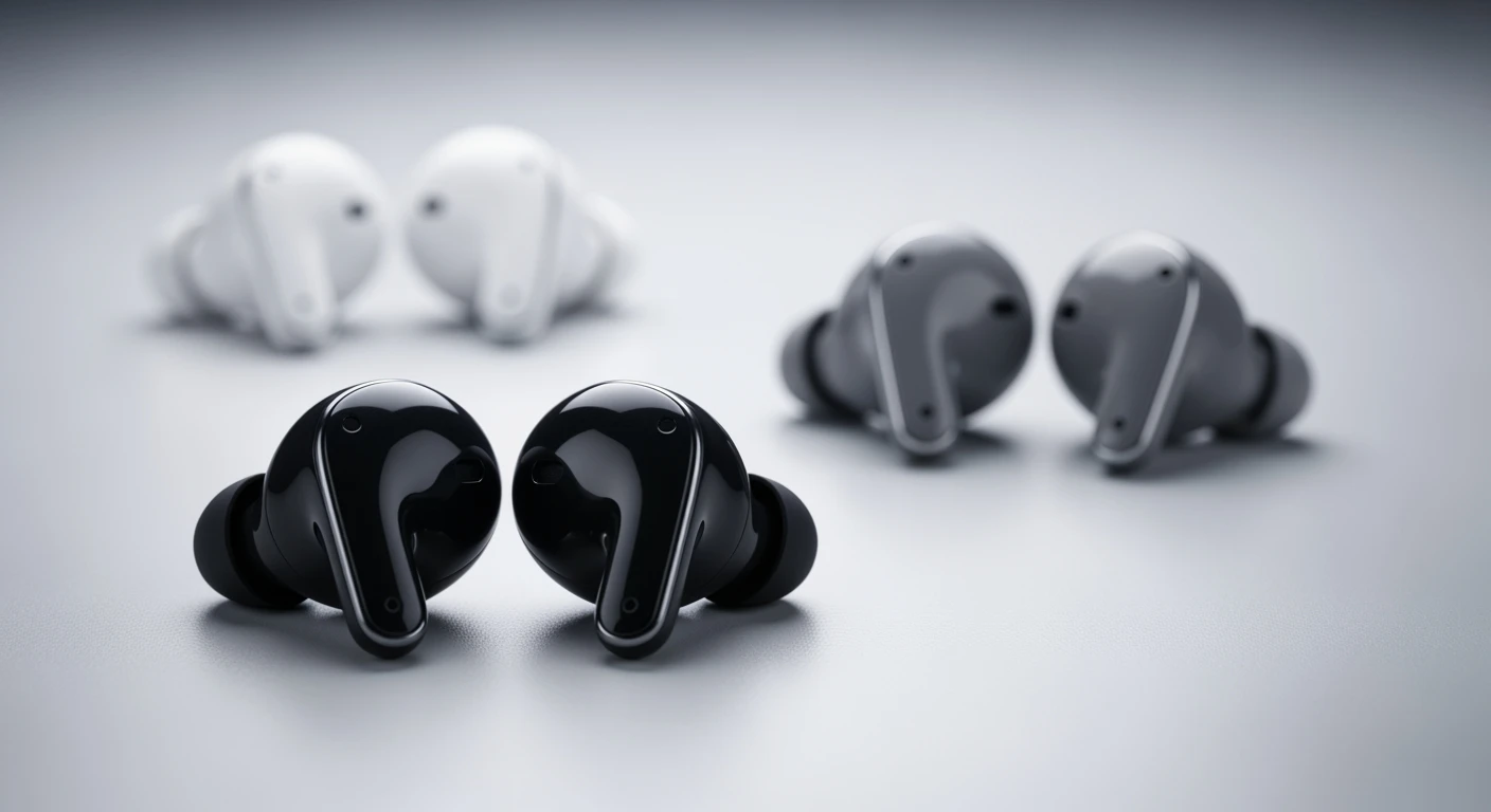 Samsung Buds: Drie paar Galaxy Buds FE (zwart, wit, grijs) op een grijze achtergrond.