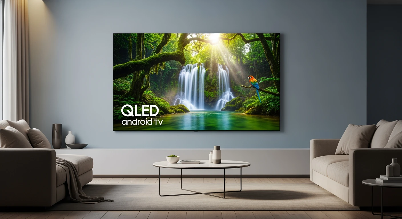 Strakke woonkamer met 65 inch QLED Android televisie. Beste Android TV 2025?