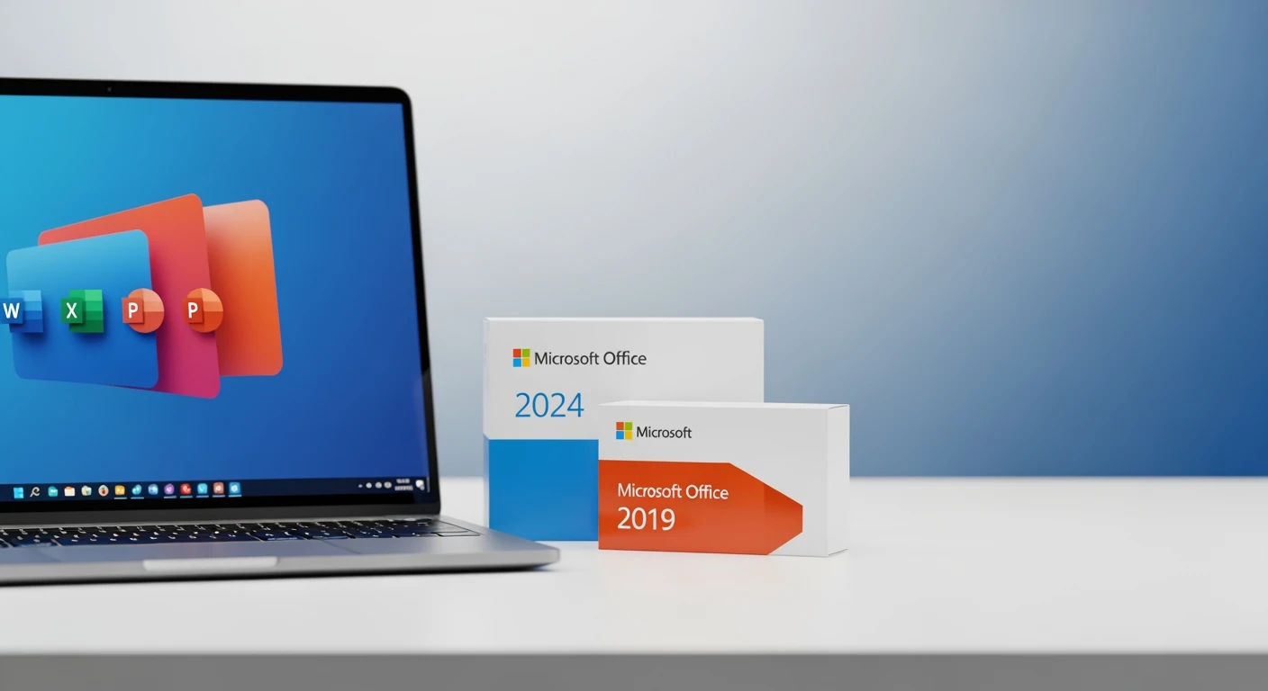 Microsoft Office op laptop naast Office 2024 en Office 2019 dozen.