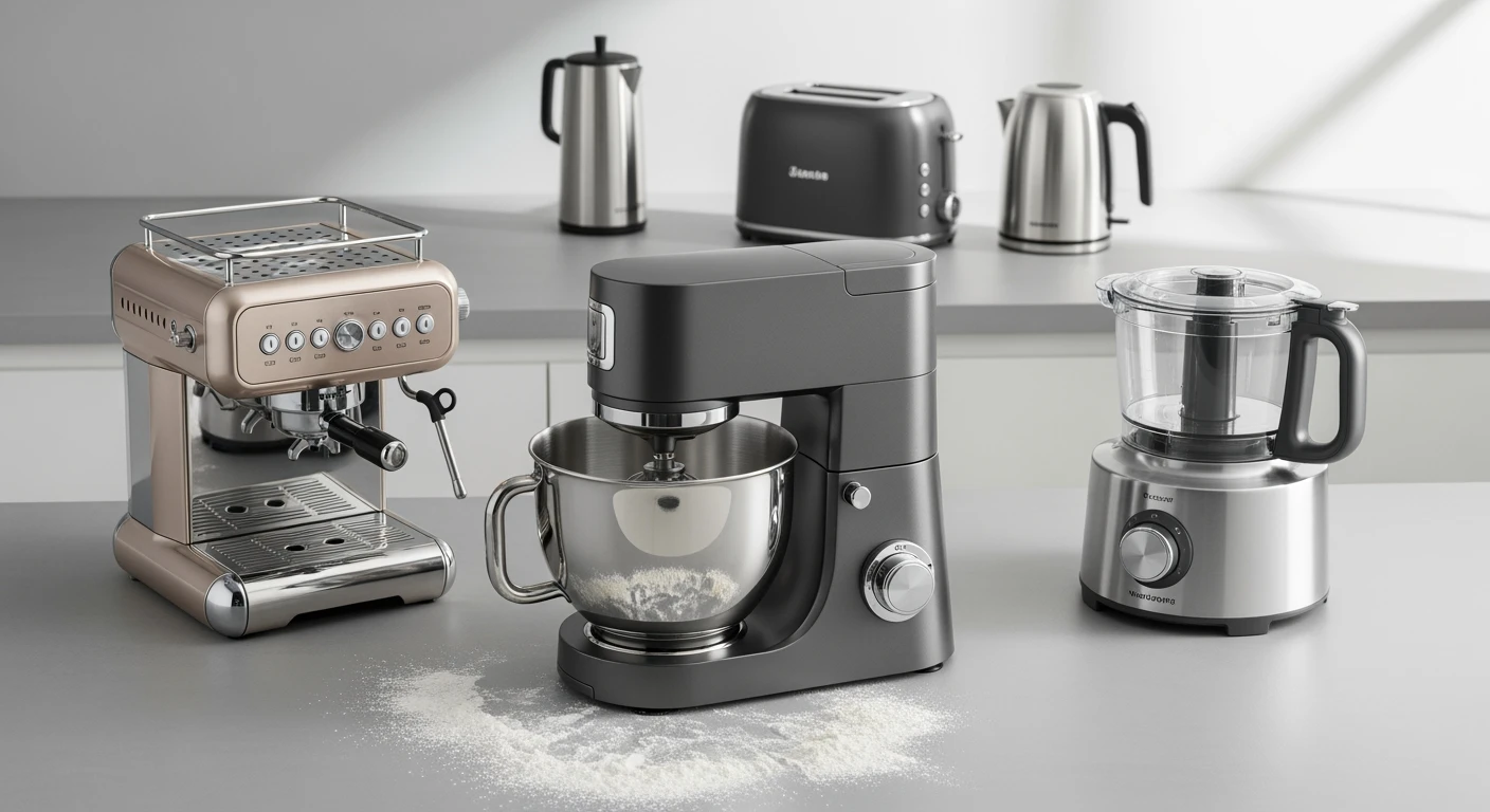 Keukenmachine vergelijking: Moderne keukenmachines in antraciet, champagne en rvs op een aanrecht.