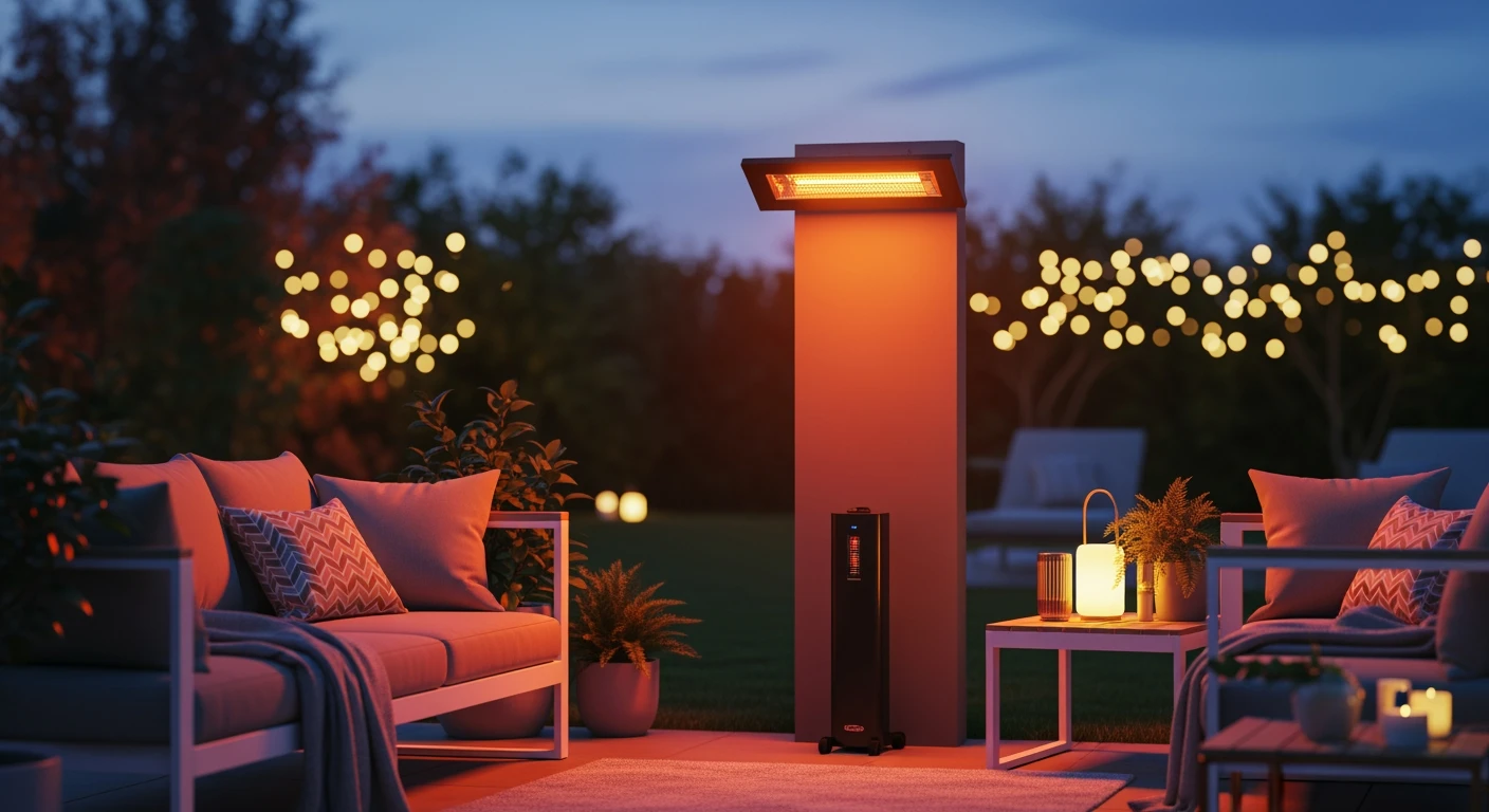 Beste terrasverwarmer: sfeervolle patio met infrarood heater voor een warme avond. Ideaal om een terrasverwarmer te kopen.