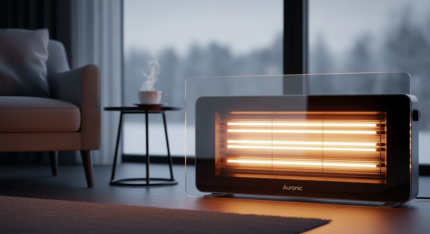 Stijlvolle Auronic elektrische kachel in een gezellige woonkamer. Beste elektrische kachels 2025 voor thuis.