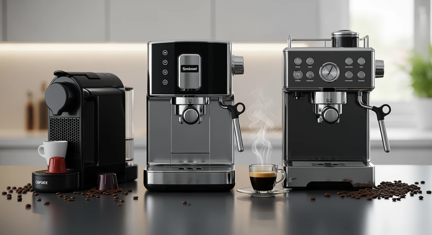 Beste espresso apparaat: Capsule, volautomaat & semi-automaat machines op een aanrecht.