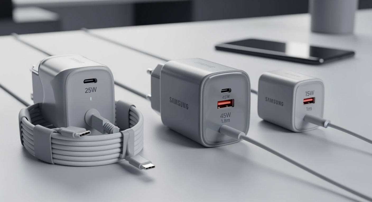 Samsung oplader: 25W, 45W (met kabel) en 15W USB-C laders op een grijze achtergrond.