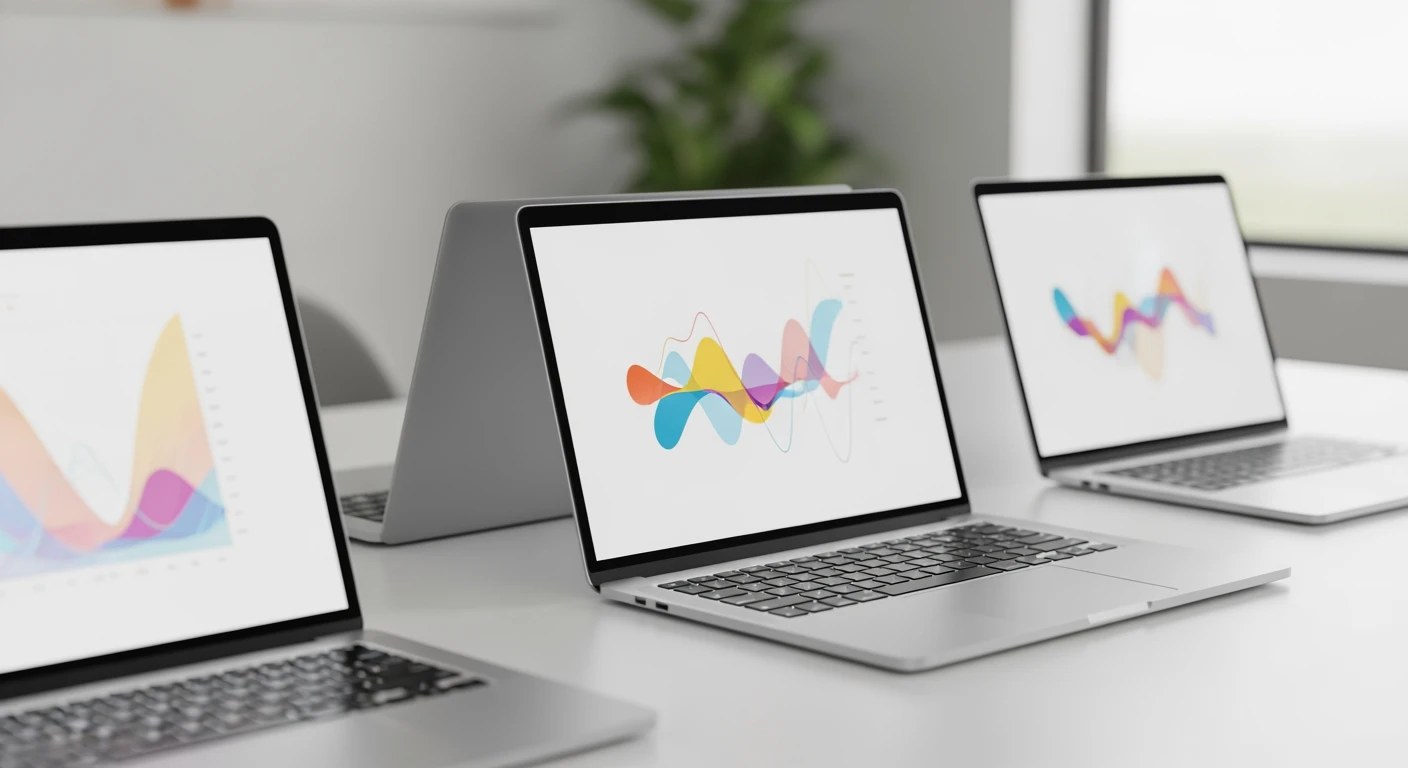 Drie zakelijke laptops tonen data. Kies de beste zakelijke laptop voor jouw bedrijf.