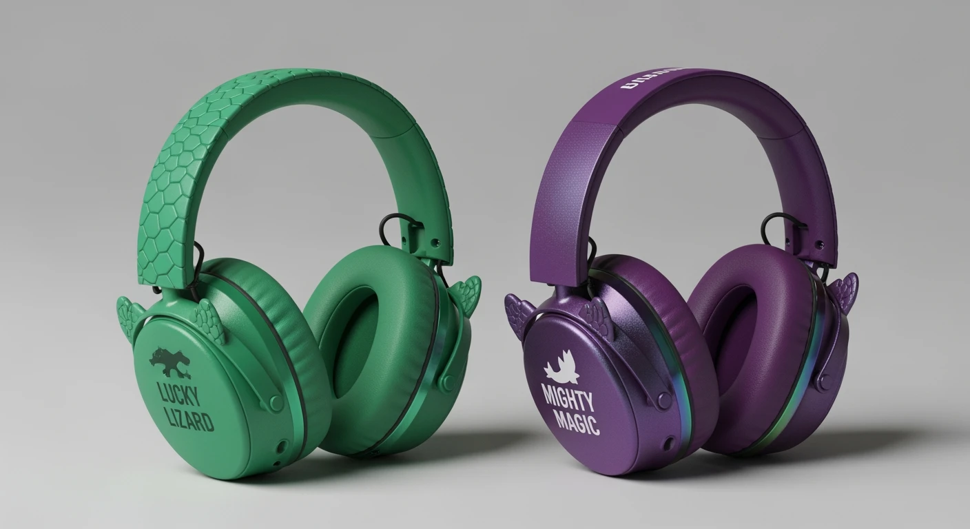 Noise cancelling koptelefoon kinderen: Groene "Lucky Lizard" & paarse "Mighty Magic" kinderkoptelefoon.