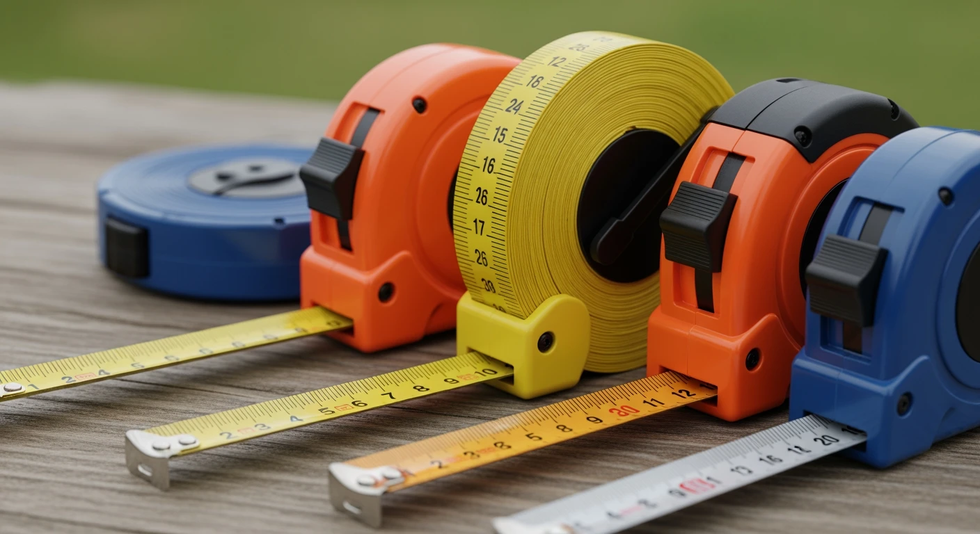 Landmeter meetlinten: close-up van diverse meetlinten voor landmeters.