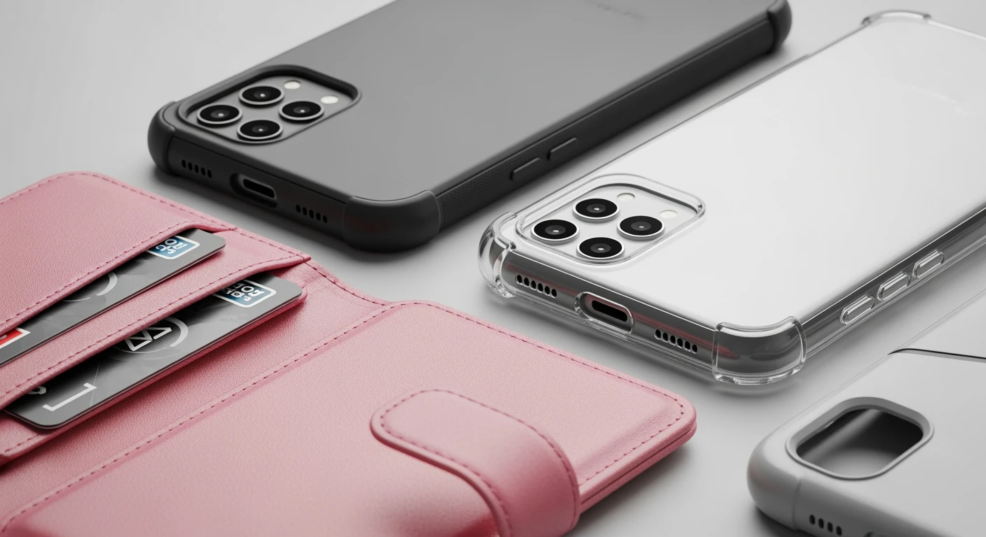 Samsung hoesjes: diverse telefoonhoesje Samsung stijlen & materialen in studio setting.