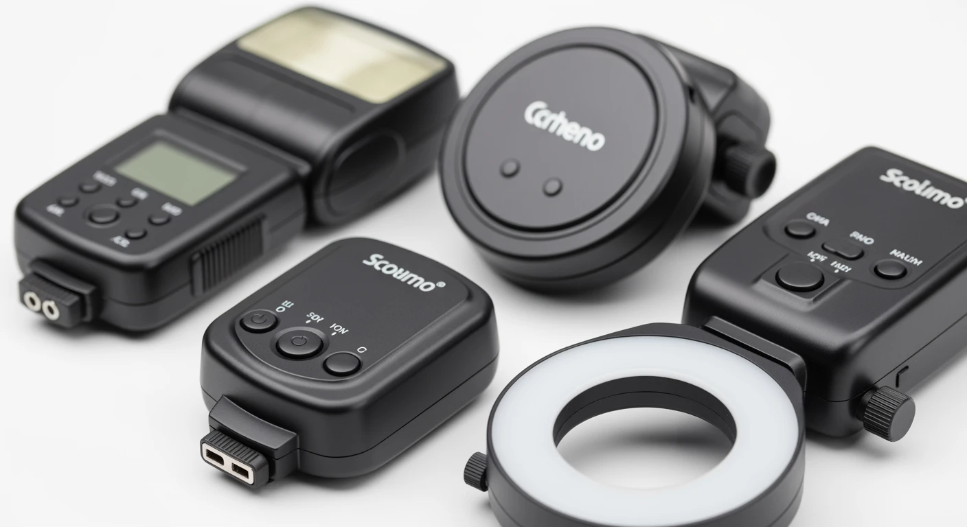 Beste macro flitser 2026: Close-up van 4 macro flitsers, inclusief ringflitser en mini flitser.