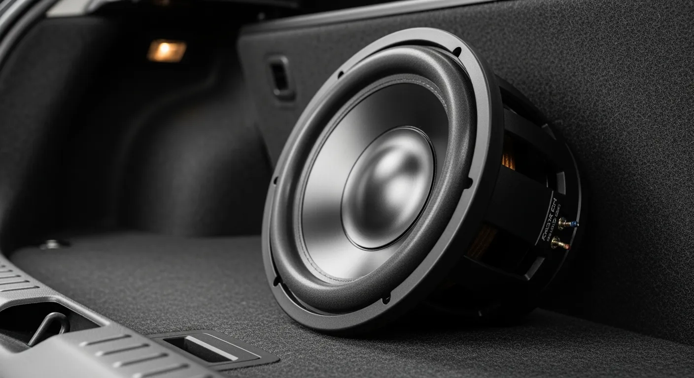 Zwarte auto subwoofer in kofferbak. Beste subwoofer 2025 voor krachtige bass.