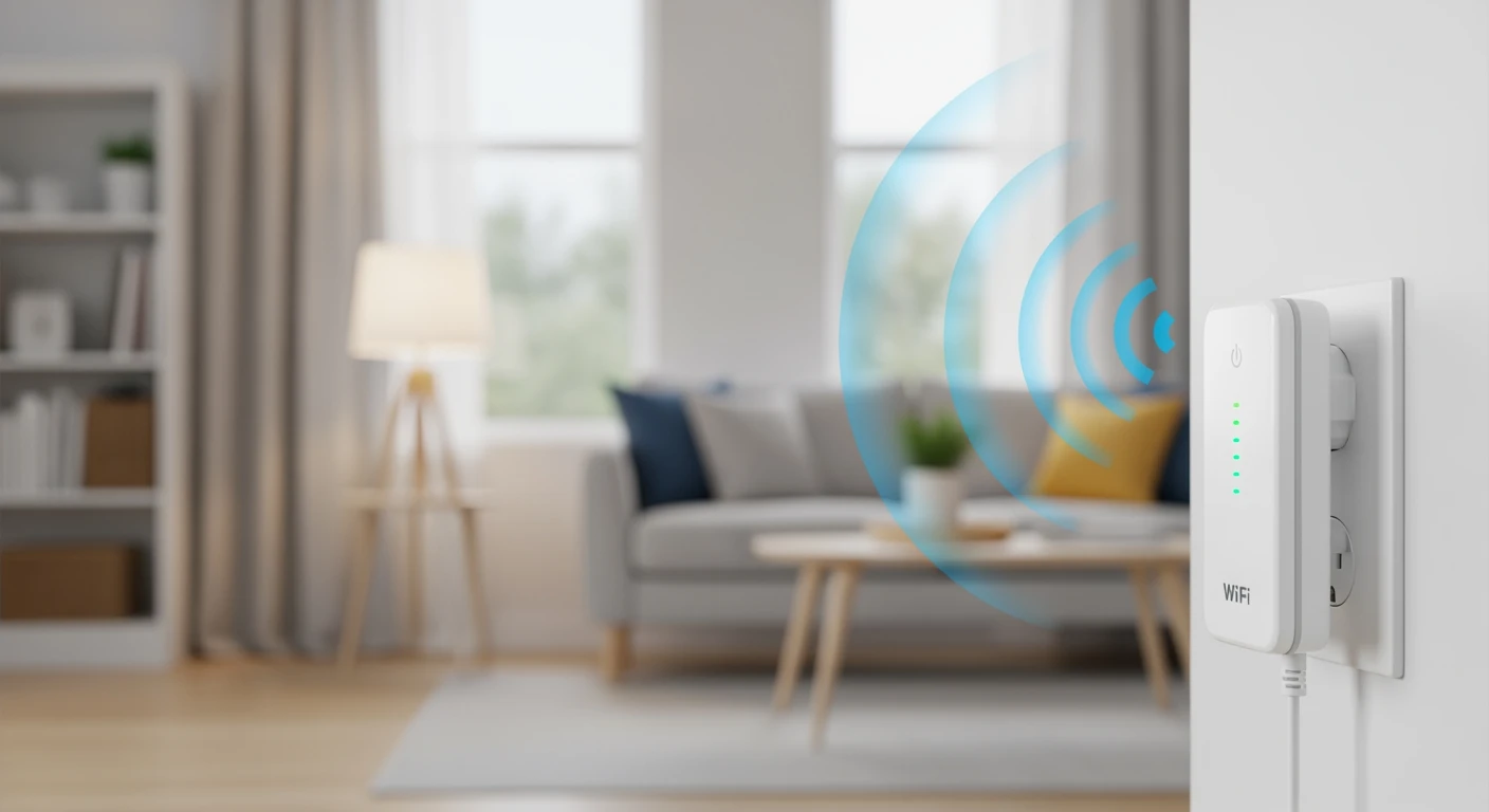 Witte wifi repeater in modern huis. Verbeter je wifi bereik!