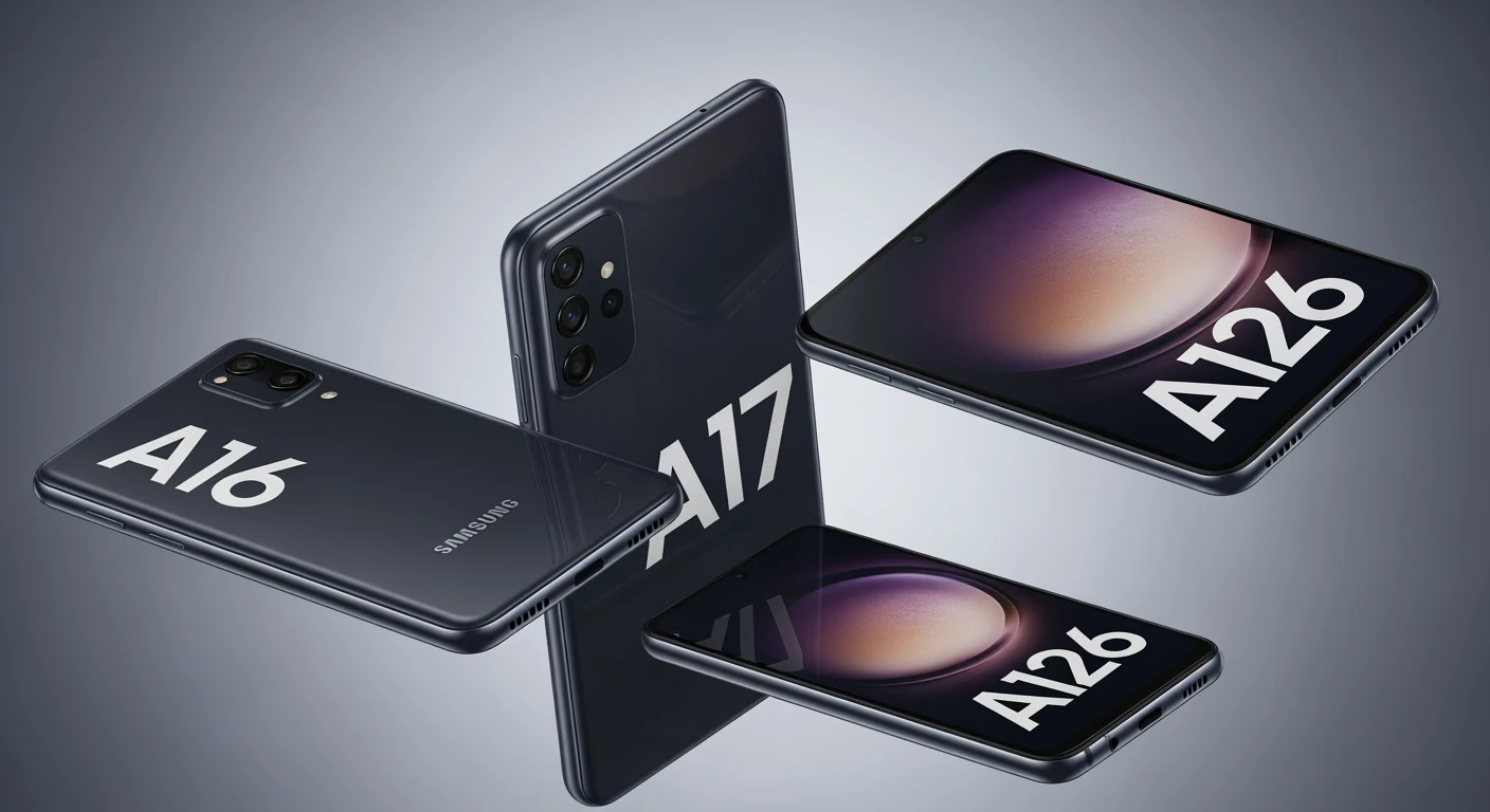 Samsung smartphone A16, A17 & A26 modellen in strakke productfoto.
