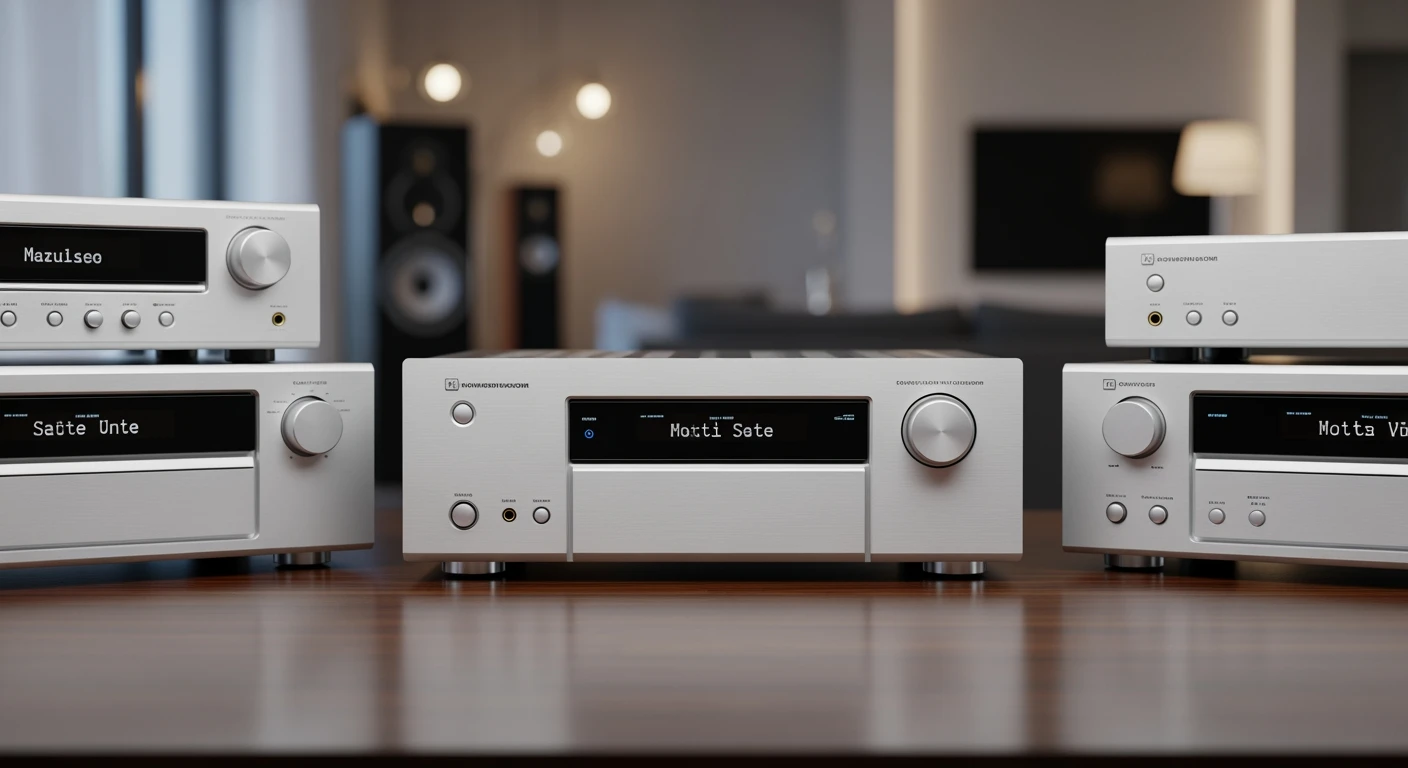 Top receivers 2026: Yamaha AV-receiver centraal, geflankeerd door stereo en Sony AV-receiver.
