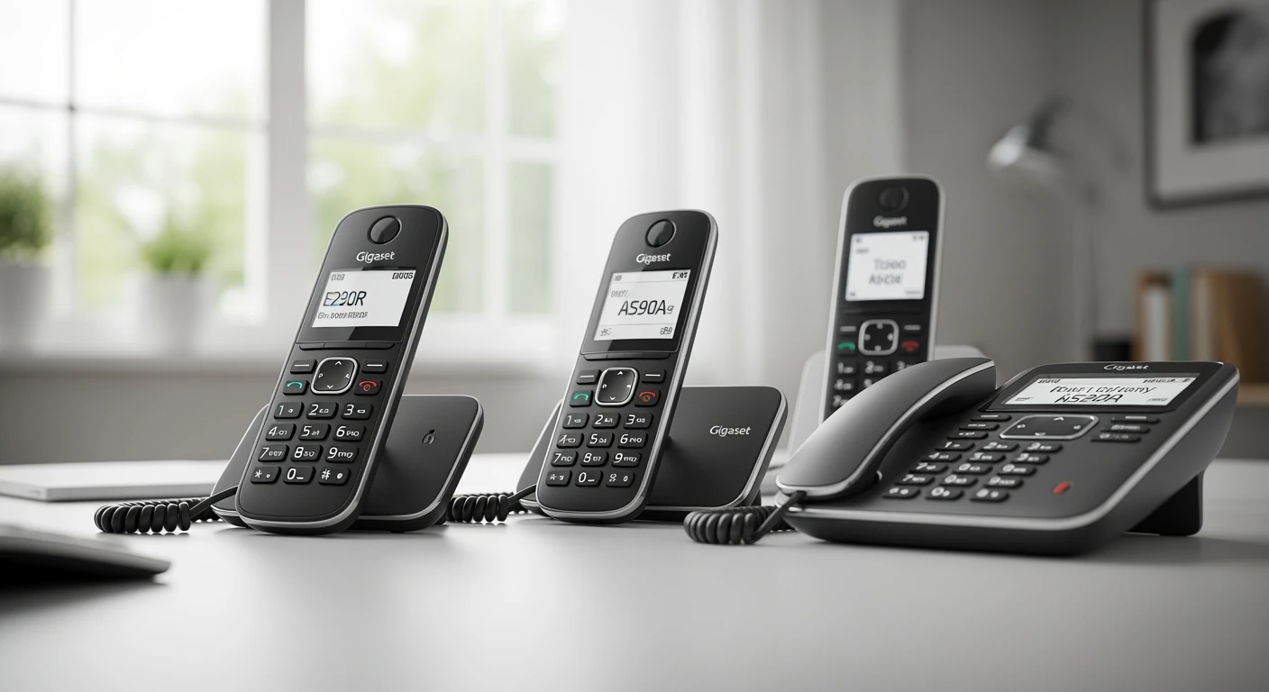 Gigaset telefoon modellen (E290R, AS690A, A220) op een modern bureau. Beste Gigaset DECT telefoon selectie.