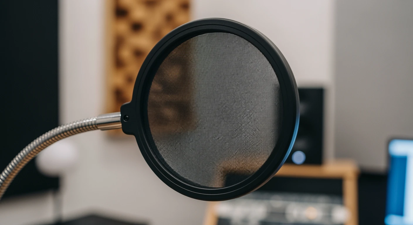 Zwarte microfoon popfilter bevestigd aan microfoonstandaard. Essentieel om een popfilter te kopen voor heldere audio.