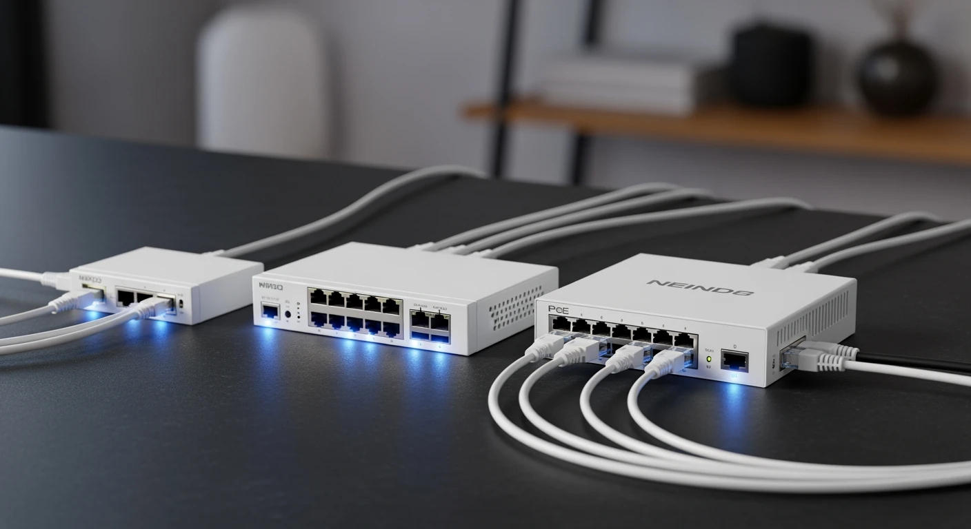 Netwerk switches: 5-poorts, 8-poorts & PoE switch in een moderne thuisnetwerk setup.